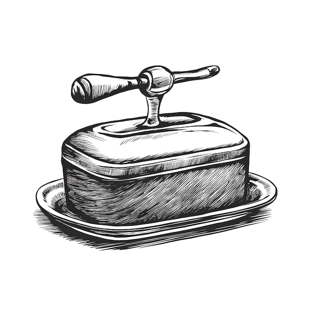 Butter dish monochrome inkt schets vector tekening gravure stijl illustratie