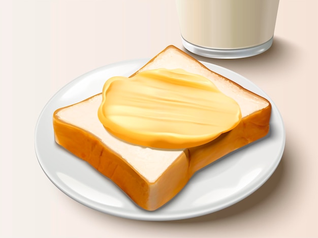 Butter spreading on bread, delicious breakfast with butter toast and milk