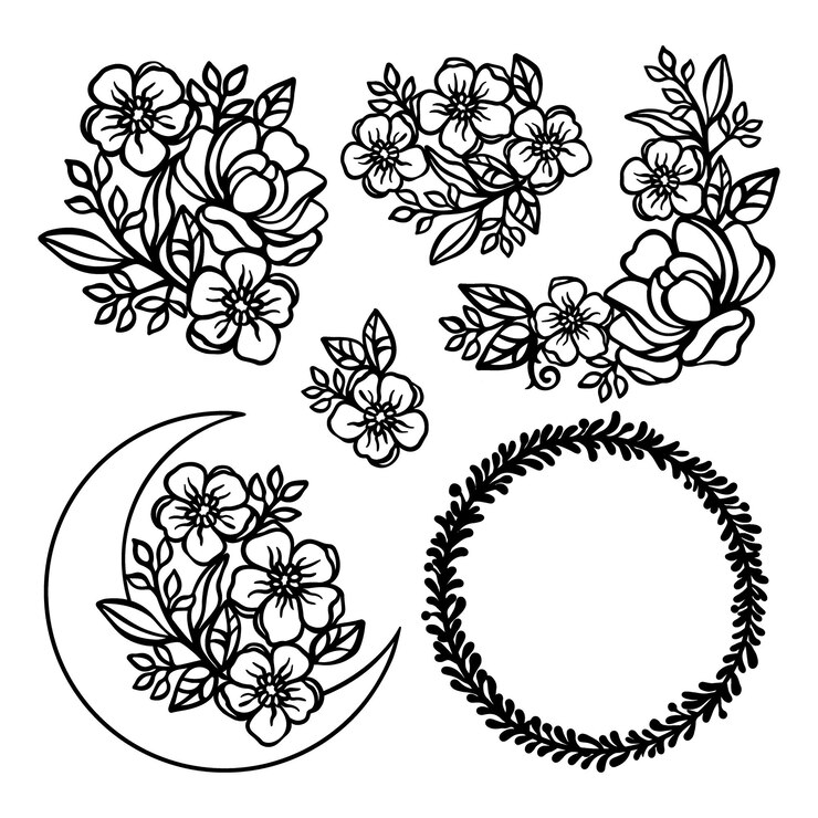 Vector buttercup monochrome collection with crescent from buttercup and rose wreaths and bouquets openwork for print cartoon floral cliparts vector illustration set