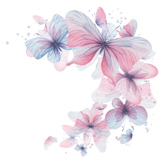 Butterflies are pink blue lilac flying delicate with wings and splashes of paint Hand drawn watercolor illustration Isolated composition on a white background for design