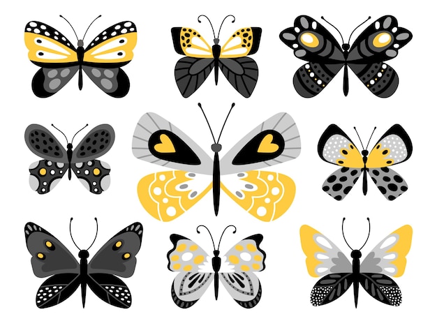 Butterflies color illustrations set. Tropical insects with yellow ornaments on wings isolated bundle on white background.