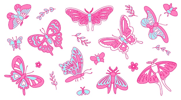 Vector butterflies daisies leaves in blue and pink colors nostalgia for the 2000 years y2k style