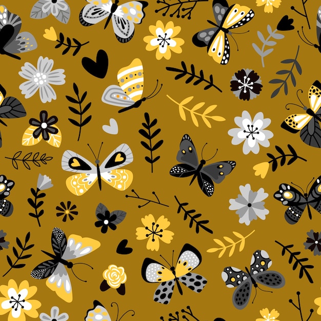 Butterflies and flowers flat seamless pattern. tropical insects and plant branches decorative background.