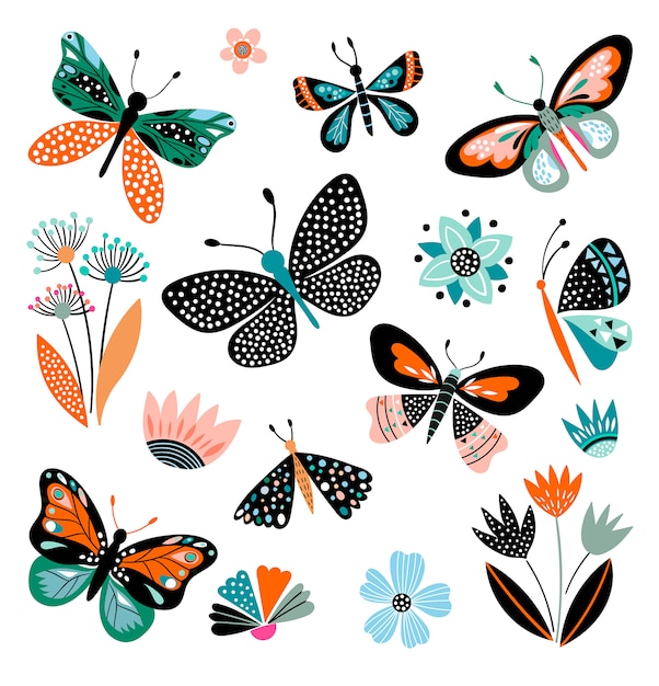 Butterflies and flowers, hand drawn collection of different elements, isolated