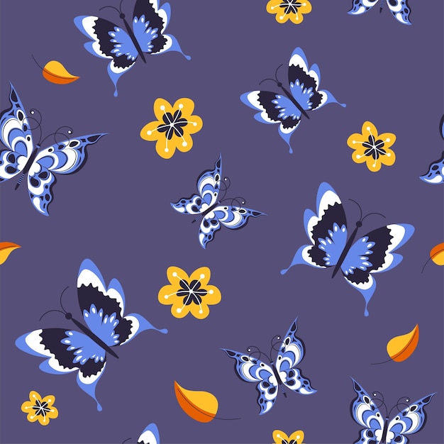 Butterflies and flowers leaves seamless pattern