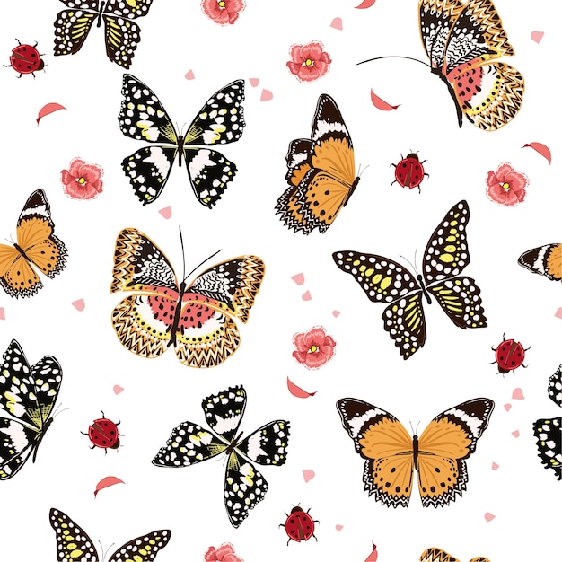 Butterflies flying in the garden, seamless pattern vector