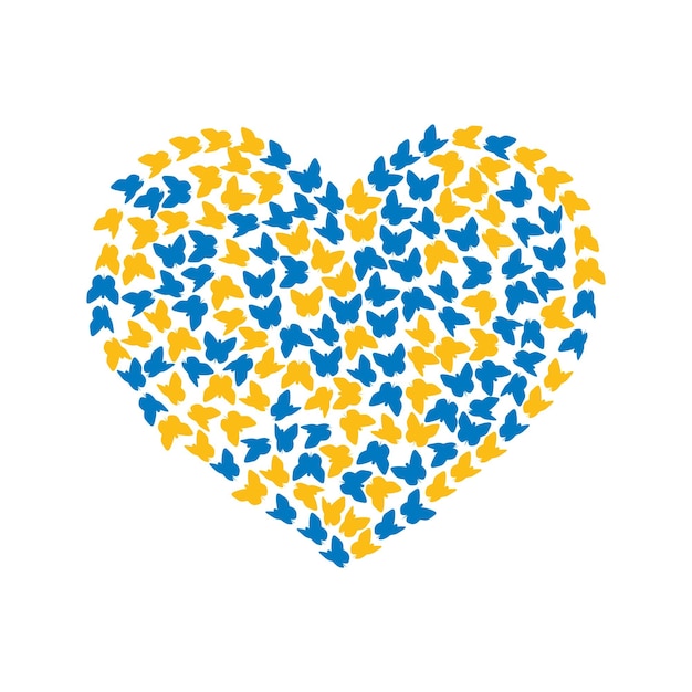 Vector butterflies in heart shape in the colors of the ukrainian flag poster placard symbol pray for ukraine