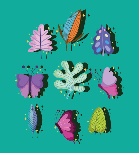 Vector butterflies and leaves