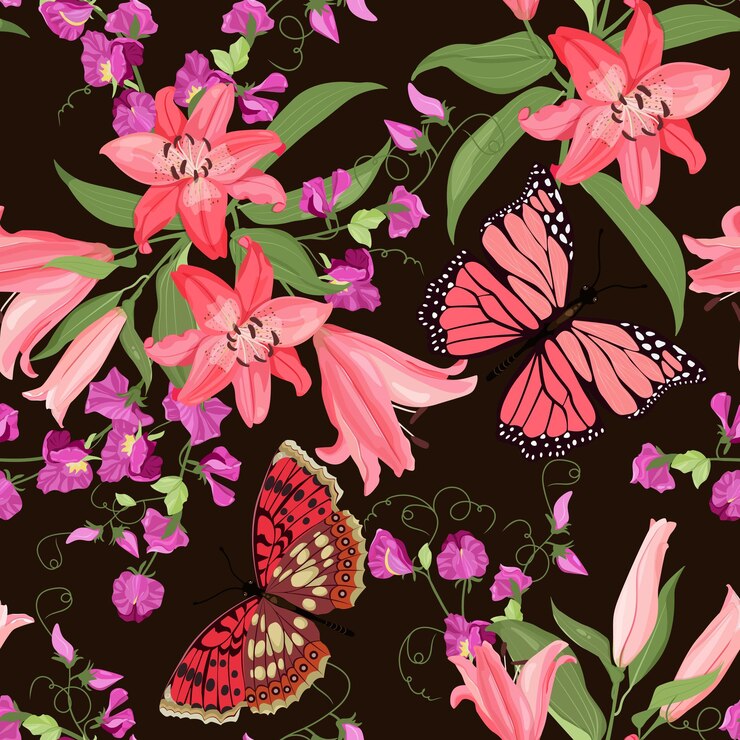 Butterflies and lilies on a brown background