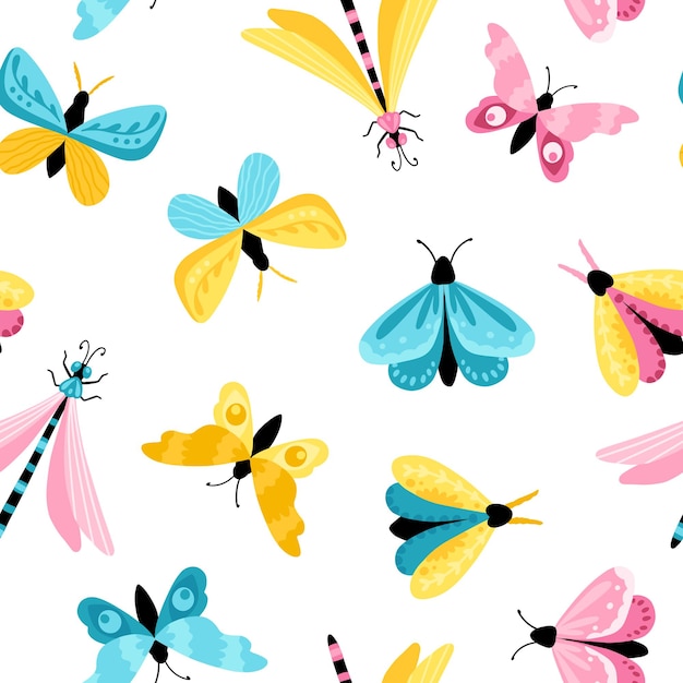 Butterflies seamless pattern. colorful hand-drawn butterflies and dragonfly in simple childish cartoon style.