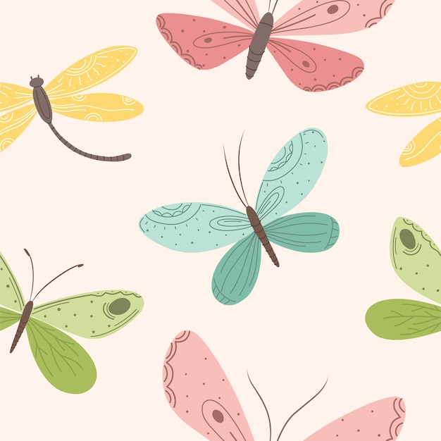 蝶のシームレスなパターンキュートでカラフルな昆虫ベクトルイラスト