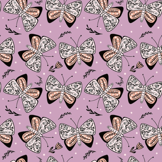 Butterflies seamless pattern in folk style Hand drawn butterfly and flowers endless wallpaper Cute flying insect print Animal folklore motif