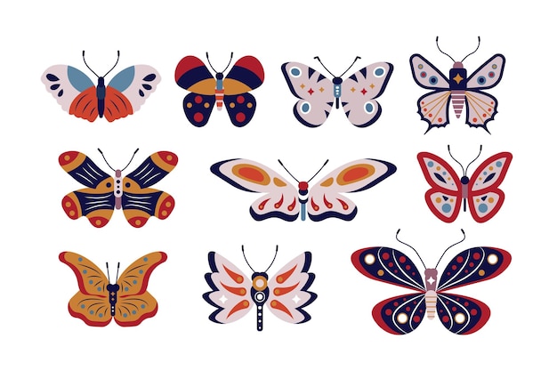 Vector butterflies set vector illustration summer composition of colorful exotic moth with different shapes of wings for design embellish logo template flat style concept isolated on white