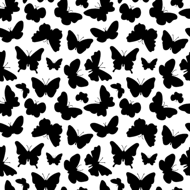 Шаблон силуэтов бабочек Черно-белая печать Бесшовный фон с летающими насекомыми Векторная повторяющаяся иллюстрация для летнего и романтического дизайна текстильной оберточной бумаги