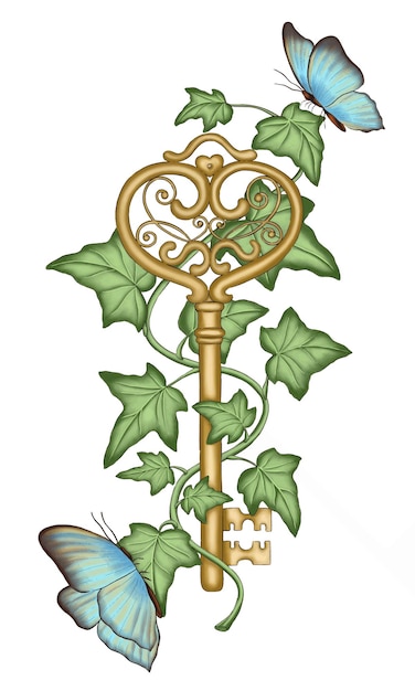 Butterflies sitting on ivy leaves with ancient key in the middle. Vector illustration.