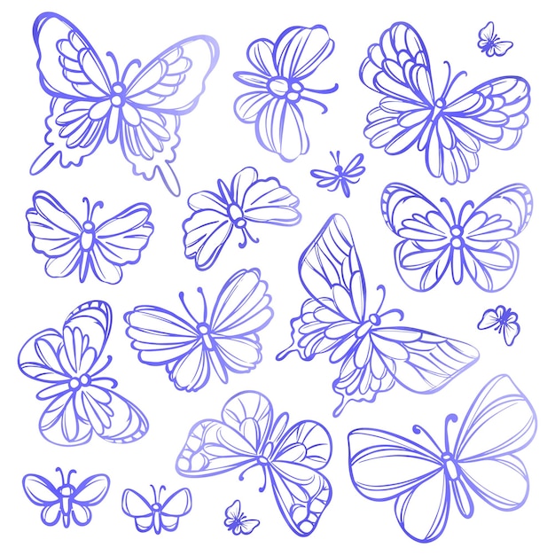 Vector butterflies sketch on black watercolor vector inverse set