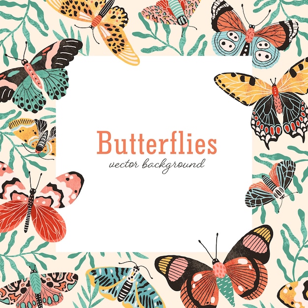 蝶の正方形の背景ベクトル フラット イラスト。分離されたテキストのための場所を持つエキゾチックな美しい翼のある昆虫フレーム。熱帯のカラフルな蛾と葉を持つロマンチックなテンプレート。