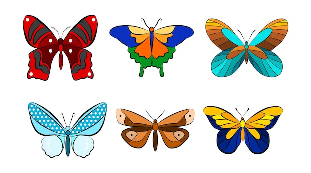 나비 동물 화려한 디자인 요소 검은 윤곽선 컨투어 아이콘 세트 아름다운 스티커 템플릿 만화 곤충 그리기