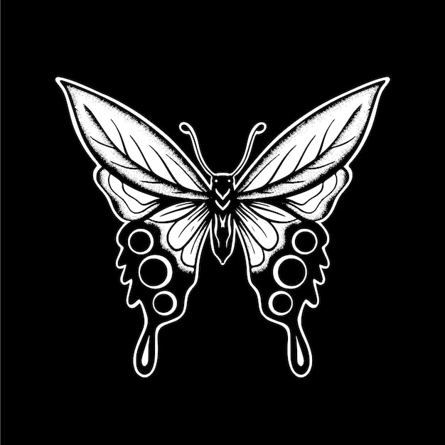 나비 예술 그림 문신, 스티커, 로고 등을 위한 손으로 그린 흑백 벡터