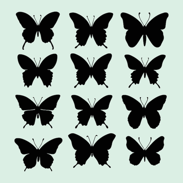 Черный силуэт бабочки с различными типами летящих икон бабочек и векторной иллюстрацией