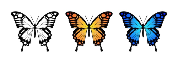 Бабочка синяя оранжево-белая. Набор силуэтов мух. Дизайн бабочки Монарх.
