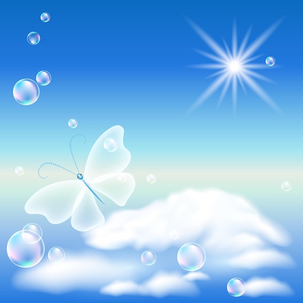 Butterfly in the blue sky and bubbles