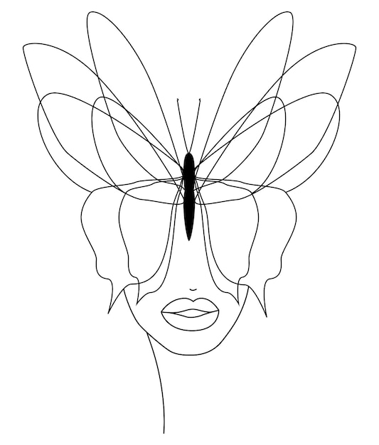 Вектор Бабочка лицо бабочки, непрерывная линия, рисунок лица и прически