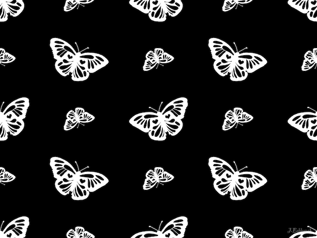 Butterfly cartoon character seamless pattern on black background