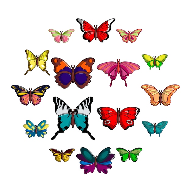 Butterfly collection icon set, cartoon style