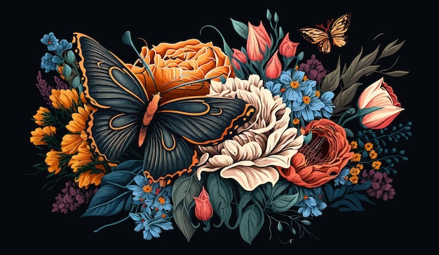 花のベクトル図のカラフルな花束の蝶分離背景ベクトル イラスト