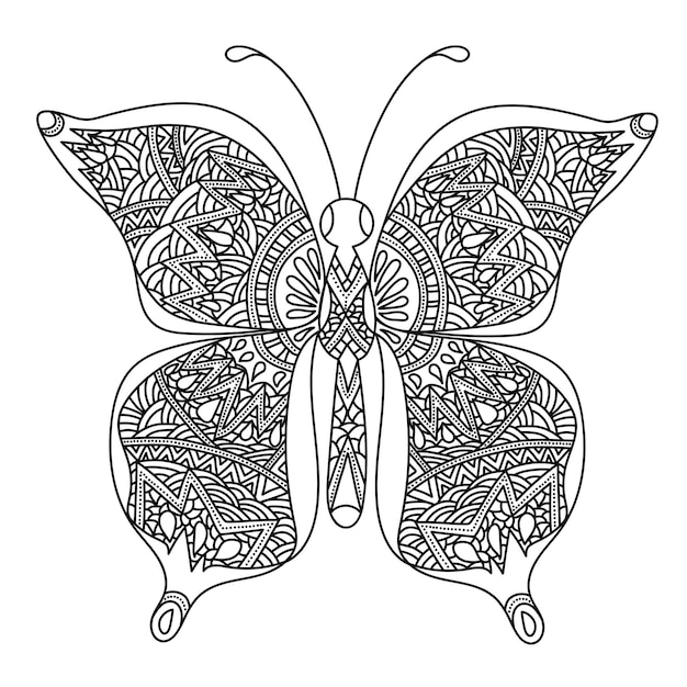 Vector butterfly coloring page in zentangle style