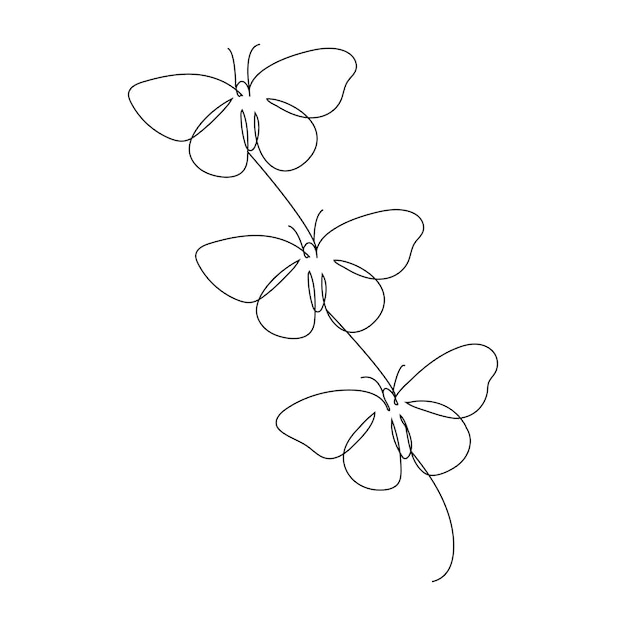 Butterfly continuous one line drawing element isolated on white background and single line art