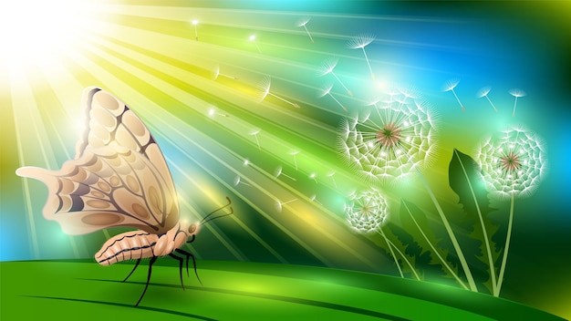 Vector butterfly and dandelion bokeh nature background