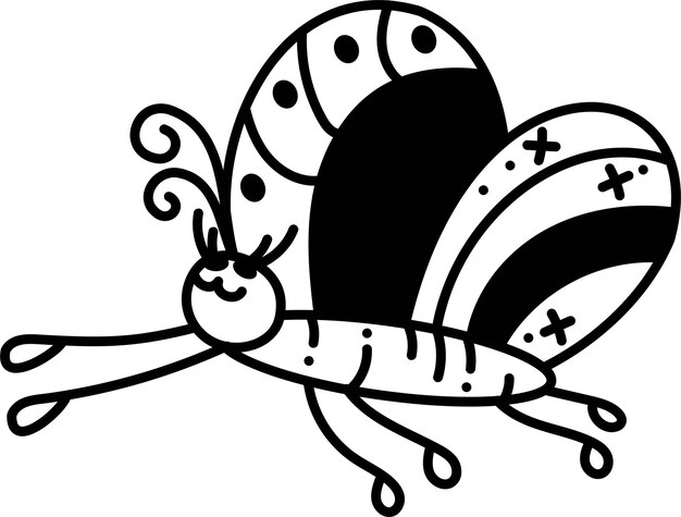 Butterfly doodle5 A cute butterfly flies to the left Cartoon white and black vector illustration