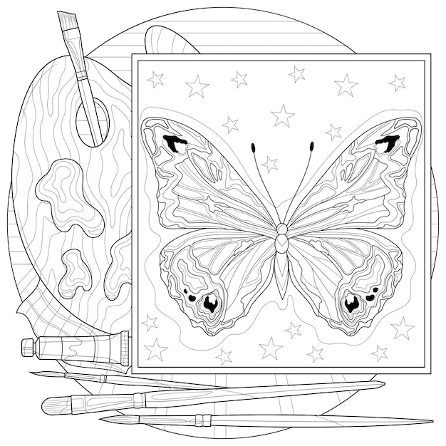 Butterfly drawing with palette and brushes.coloring book antistress for children and adults. illustration isolated on white background.zen-tangle style. black and white drawing.hand drawn