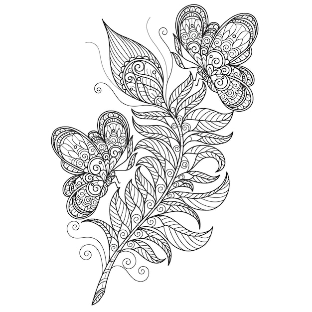 Бабочка и перья нарисованы вручную для взрослой книжки-раскраски
