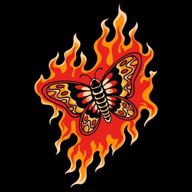 Butterfly On Fire Retro Style Illustration