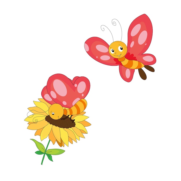Векторная иллюстрация бабочки на цветке и летающей бабочке