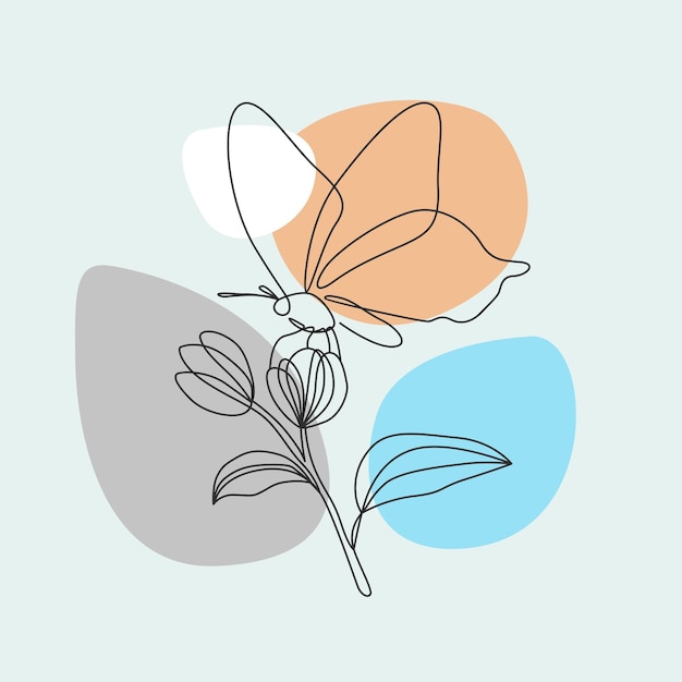 Vettore illustrazione di farfalle e fiori in stile art linea