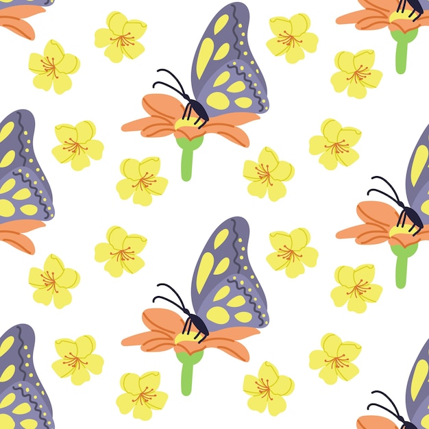 Vector butterfly on flower seamless pattern on white
