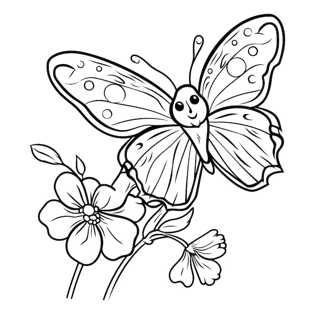 Butterfly and flowers black and white vector illustration for coloring book
