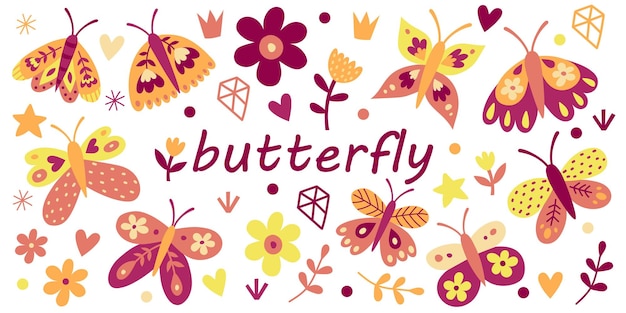 Butterfly flowers set Vector illustration Happy Birthday