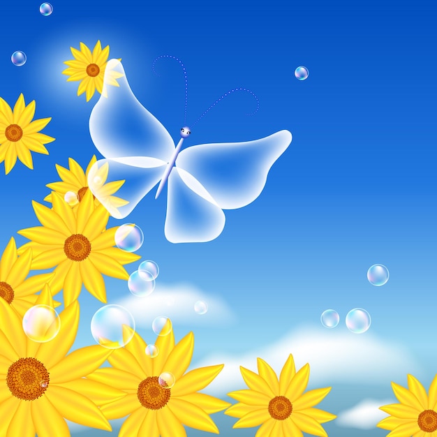 Бабочка и цветы в небе