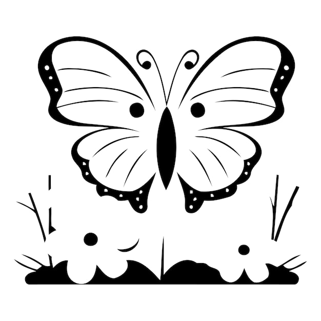 Butterfly and flowers vector illustration in flat linear style