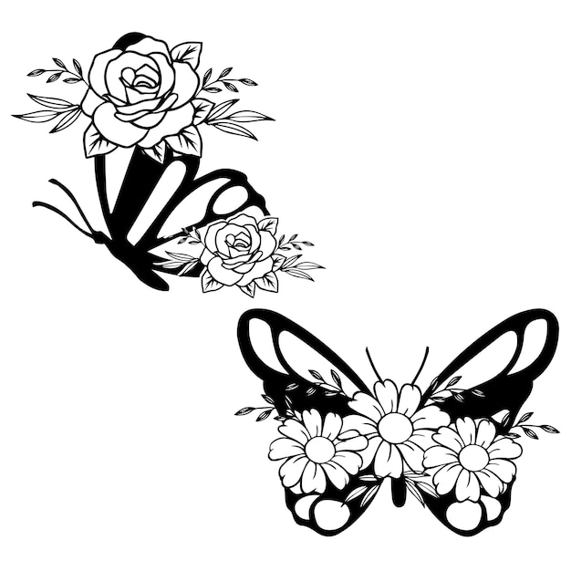 A butterfly and flowers on a white background