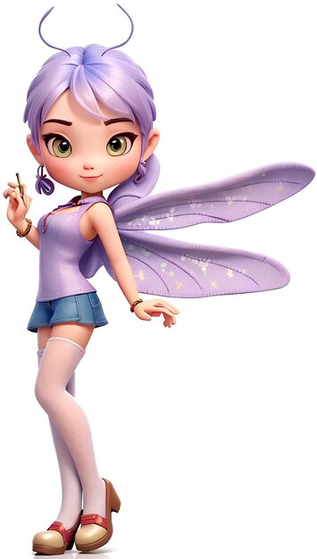 Butterfly girl wears a purple dress and white stockings