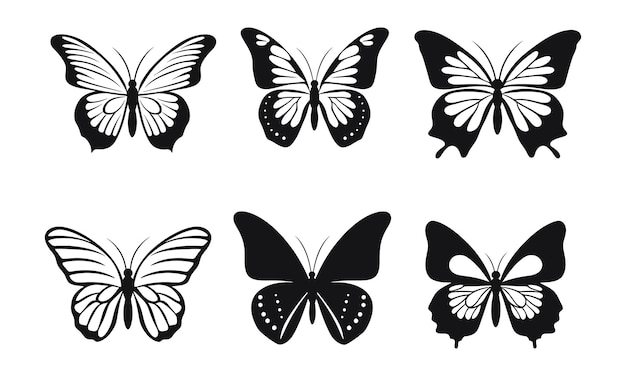 Butterfly icon set in black and white isolated on white background