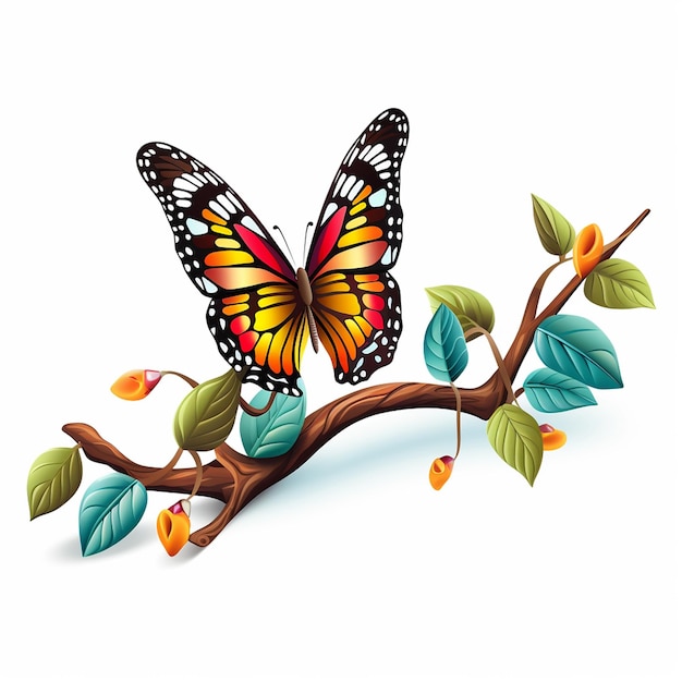 a butterfly is on a branch with leaves and flowers