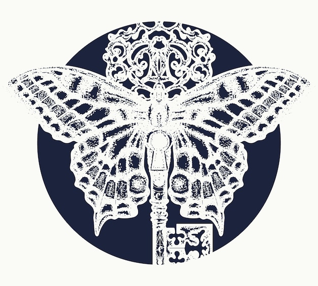Vector butterfly and key tattoo