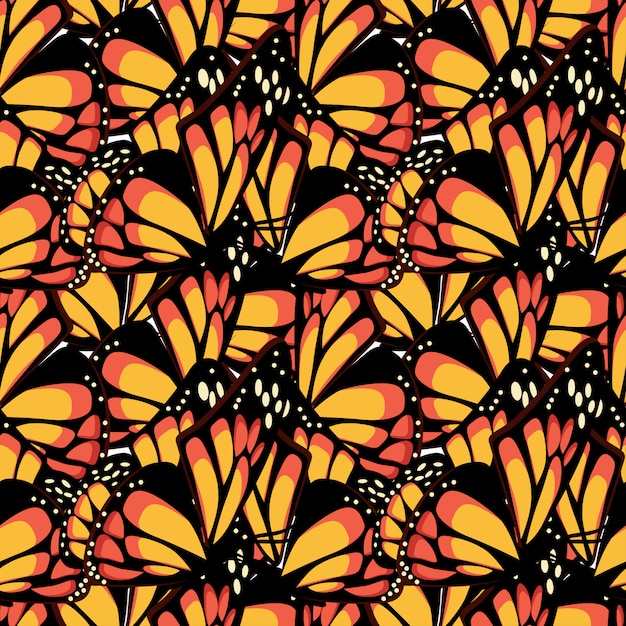 Butterfly monarch with macro textured wings seamless pattern.